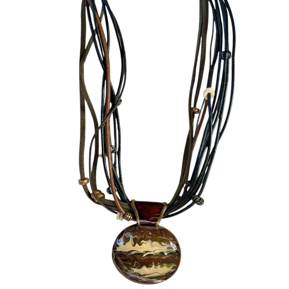 Chicos Brown Leather Beaded Enamel Neutral Earthtones Adjustable Boho Necklace